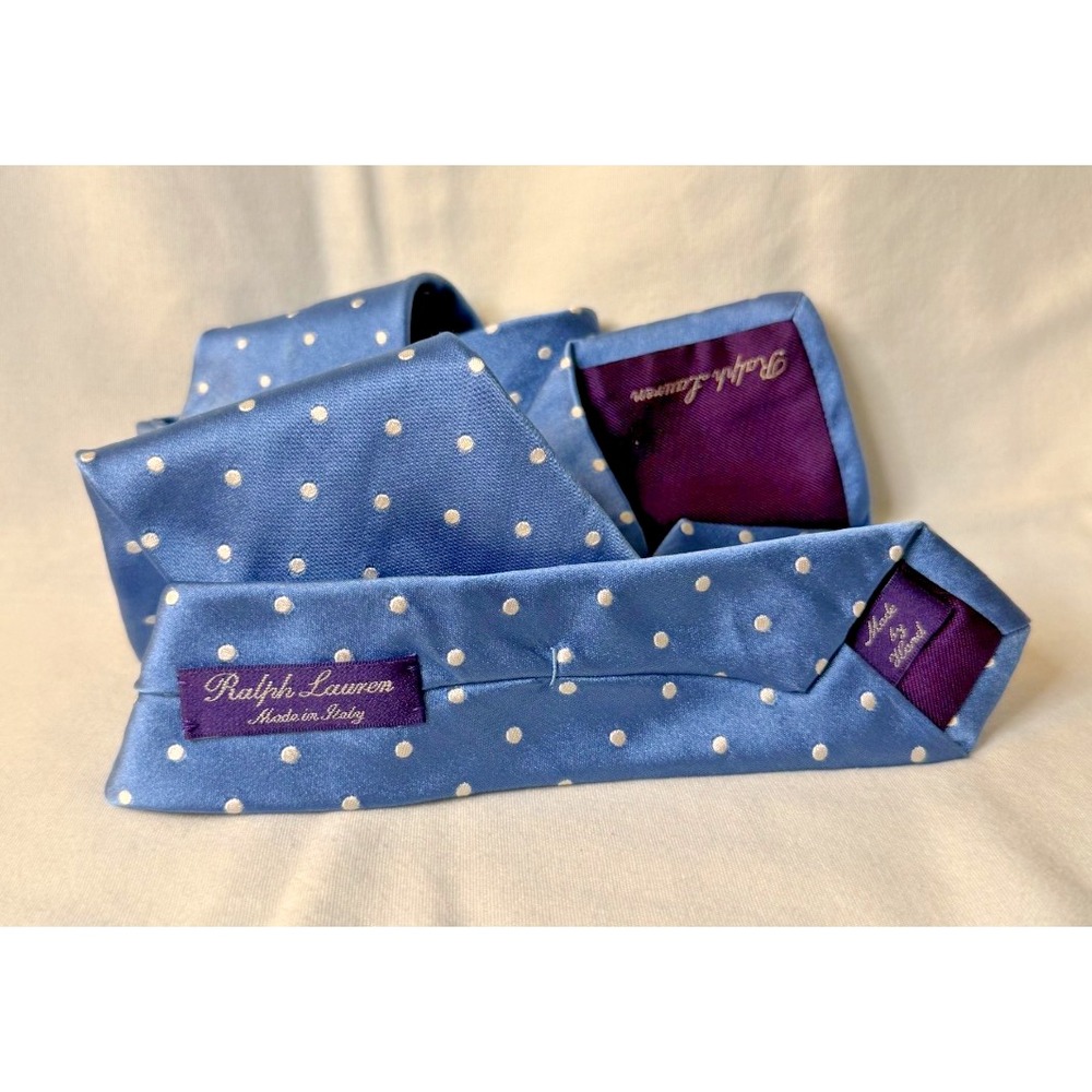 Ralph Lauren Purple Label Silk Tie Light Blue Polka Dot Hand Made Italy Luxury